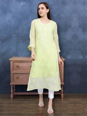 Seva chikan hand embroidered green georgette lucknowi chikan kurta with slip 1