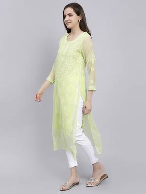 Seva chikan hand embroidered green georgette lucknowi chikan kurta with slip 2