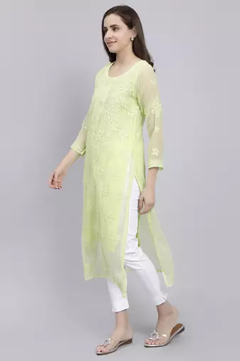 Seva chikan hand embroidered green georgette lucknowi chikan kurta with slip