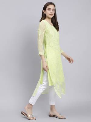 Seva chikan hand embroidered green georgette lucknowi chikan kurta with slip 3