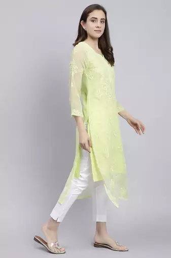 Seva chikan hand embroidered green georgette lucknowi chikan kurta with slip