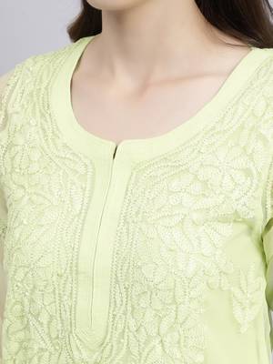Seva chikan hand embroidered green georgette lucknowi chikan kurta with slip 4