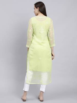 Seva chikan hand embroidered green georgette lucknowi chikan kurta with slip 5
