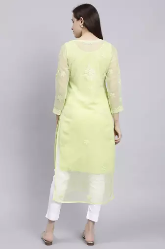 Seva chikan hand embroidered green georgette lucknowi chikan kurta with slip