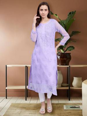 hand embroidered green georgette lucknowi chikan kurta with slip 1