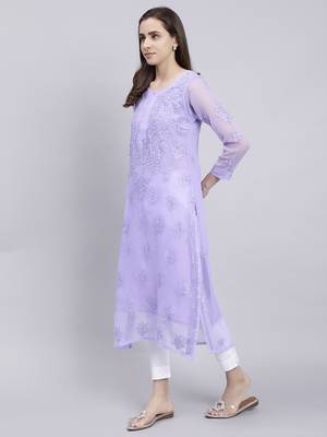 hand embroidered green georgette lucknowi chikan kurta with slip 2