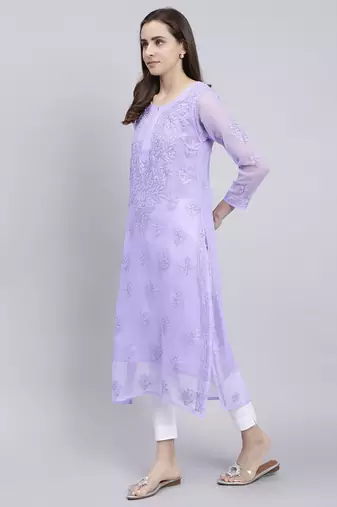 hand embroidered green georgette lucknowi chikan kurta with slip