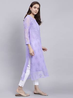 hand embroidered green georgette lucknowi chikan kurta with slip 3