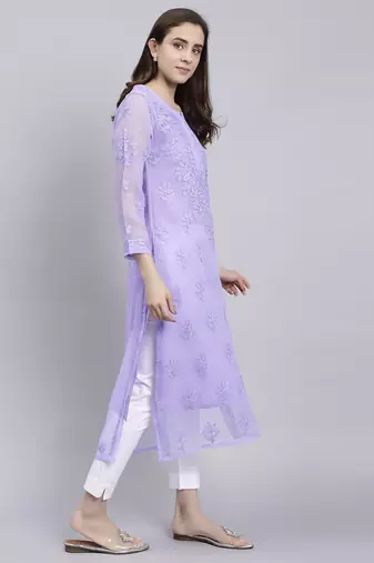 hand embroidered green georgette lucknowi chikan kurta with slip