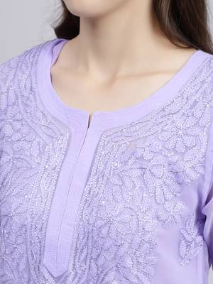 hand embroidered green georgette lucknowi chikan kurta with slip 4
