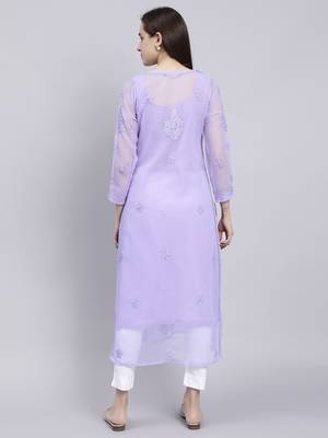 hand embroidered green georgette lucknowi chikan kurta with slip 5