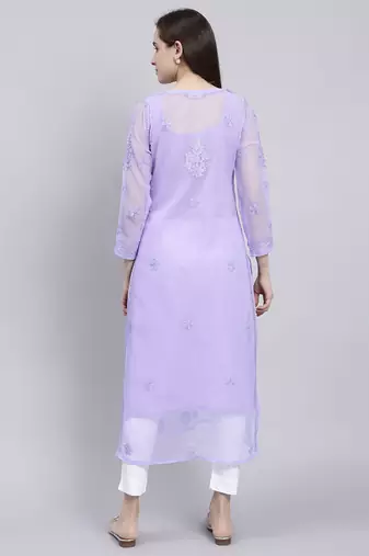 hand embroidered green georgette lucknowi chikan kurta with slip