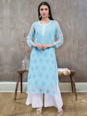 hand embroidered sea green georgette lucknowi chikan kurta with slip 1