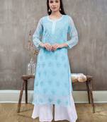hand embroidered sea green georgette lucknowi chikan kurta with slip