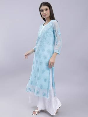 hand embroidered sea green georgette lucknowi chikan kurta with slip 2