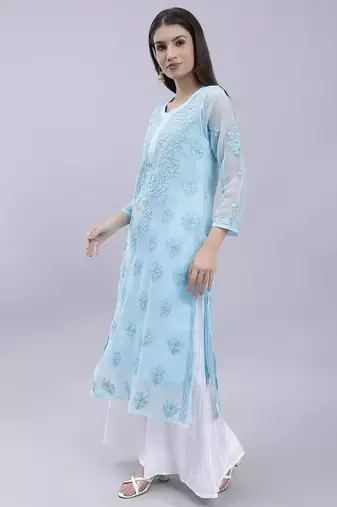 hand embroidered sea green georgette lucknowi chikan kurta with slip