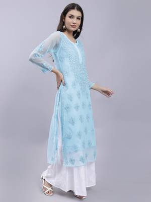 hand embroidered sea green georgette lucknowi chikan kurta with slip 3