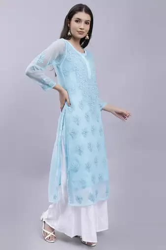 hand embroidered sea green georgette lucknowi chikan kurta with slip
