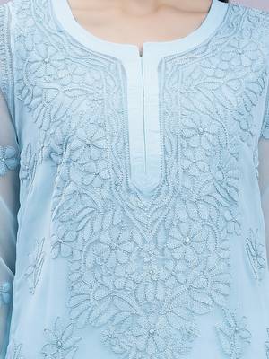 hand embroidered sea green georgette lucknowi chikan kurta with slip 4