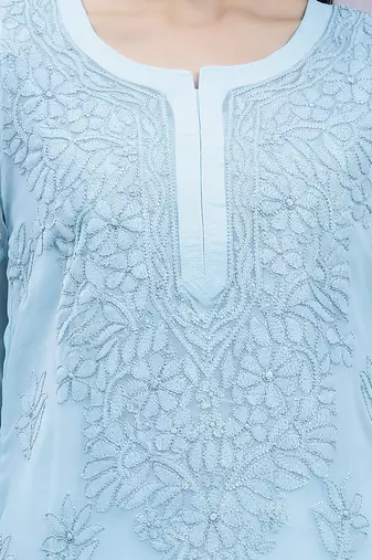 hand embroidered sea green georgette lucknowi chikan kurta with slip