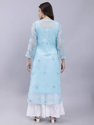 hand embroidered sea green georgette lucknowi chikan kurta with slip 5
