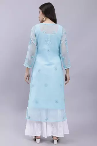 hand embroidered sea green georgette lucknowi chikan kurta with slip