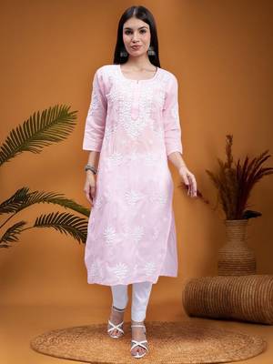 hand embroidered pink terivoil cotton lucknowi chikan kurta 1