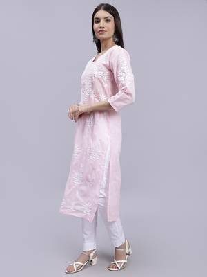 hand embroidered pink terivoil cotton lucknowi chikan kurta 2