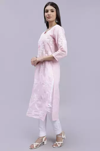 hand embroidered pink terivoil cotton lucknowi chikan kurta
