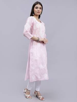 hand embroidered pink terivoil cotton lucknowi chikan kurta 3