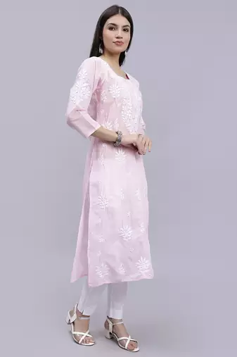 hand embroidered pink terivoil cotton lucknowi chikan kurta