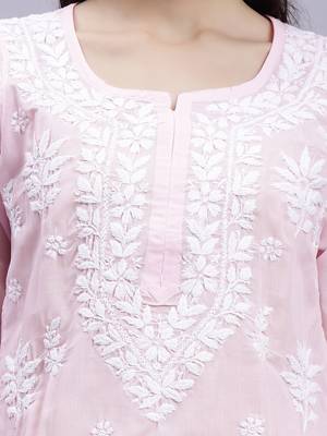 hand embroidered pink terivoil cotton lucknowi chikan kurta 4