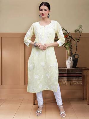 hand embroidered lemon terivoil cotton lucknowi chikan kurta 1