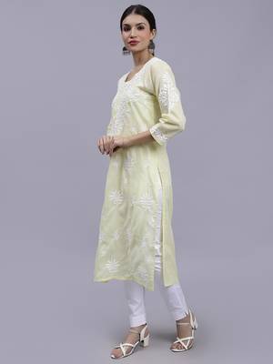 hand embroidered lemon terivoil cotton lucknowi chikan kurta 2