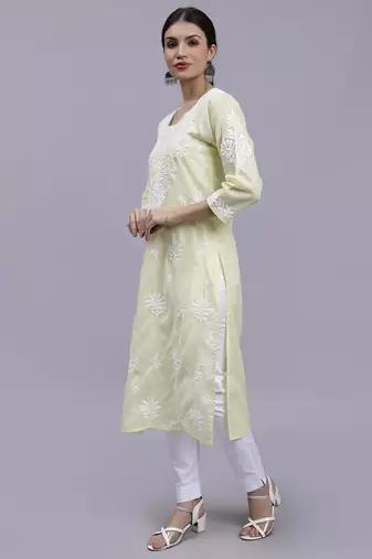 hand embroidered lemon terivoil cotton lucknowi chikan kurta