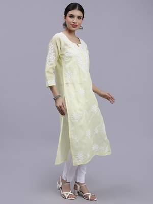 hand embroidered lemon terivoil cotton lucknowi chikan kurta 3