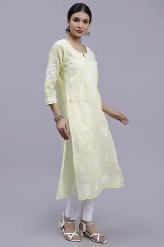 hand embroidered lemon terivoil cotton lucknowi chikan kurta
