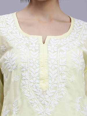 hand embroidered lemon terivoil cotton lucknowi chikan kurta 4