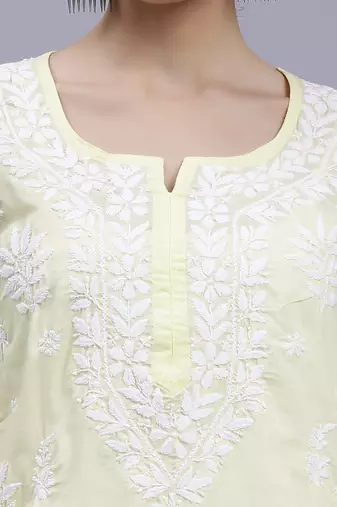 hand embroidered lemon terivoil cotton lucknowi chikan kurta