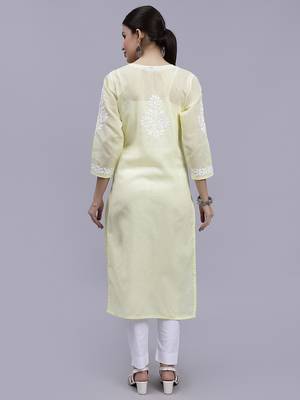 hand embroidered lemon terivoil cotton lucknowi chikan kurta 5