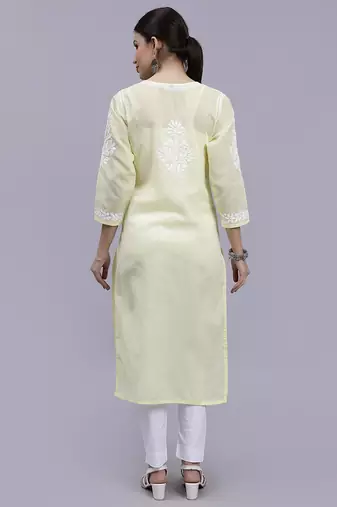 hand embroidered lemon terivoil cotton lucknowi chikan kurta