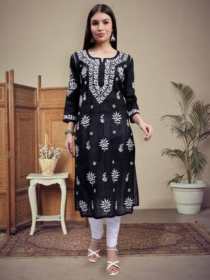 hand embroidered black terivoil cotton lucknowi chikan kurta 1