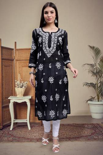 hand embroidered black terivoil cotton lucknowi chikan kurta