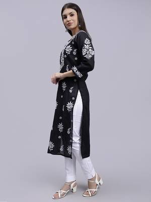 hand embroidered black terivoil cotton lucknowi chikan kurta 2