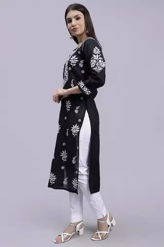 hand embroidered black terivoil cotton lucknowi chikan kurta