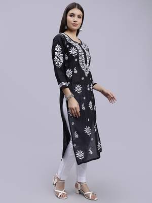 hand embroidered black terivoil cotton lucknowi chikan kurta 3