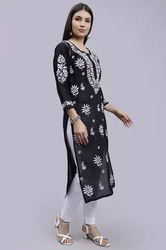 hand embroidered black terivoil cotton lucknowi chikan kurta