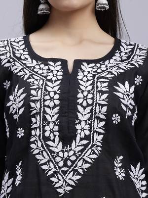 hand embroidered black terivoil cotton lucknowi chikan kurta 4