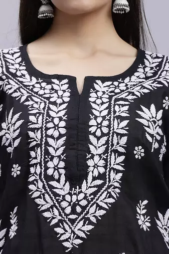 hand embroidered black terivoil cotton lucknowi chikan kurta