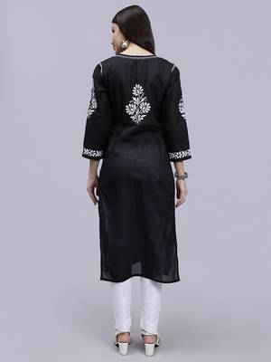 hand embroidered black terivoil cotton lucknowi chikan kurta 5
